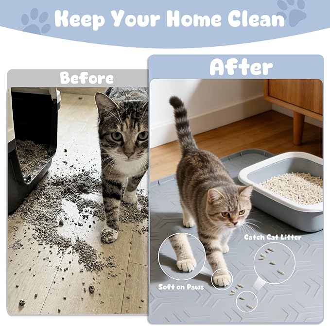Cat Litter Box Mat, 34"×22" Waterproof Silicone Cat Litter Trapping | Non-Slip Gray Kitty Litter Mat for Indoor Cats, Waterproof Pet Food Mats Easy to Clean & Soft on Kitty Paws
