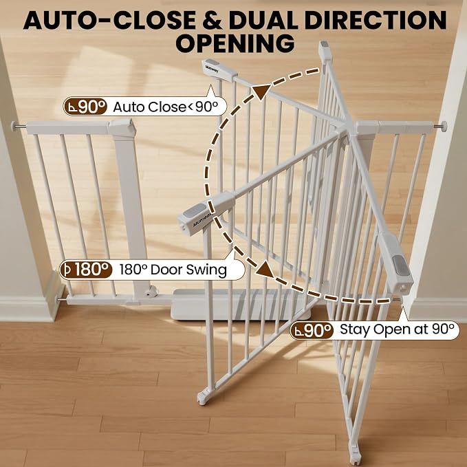 Mumeasy 29.7-46" Baby Gate, Stair Safety Gate for Round Banisters | Y spindle hardware, fits round banisters, no drill installation, auto close door, for babies toddlers and dogs