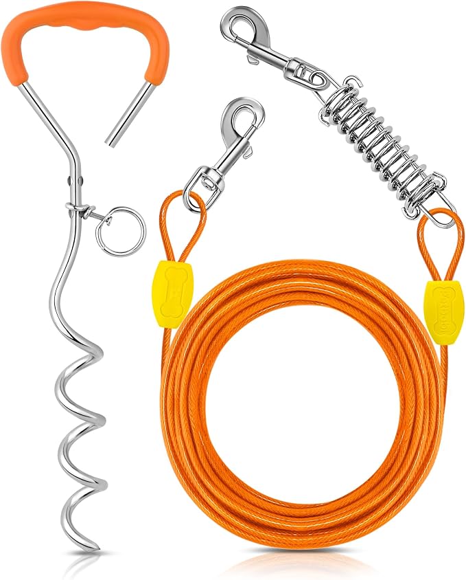 Petbobi Dog Tie Out Cable and Stake, 20ft Heavy Duty Dog Leads for Yard | 4in Shock Spring, 16in Spiral Ground Anchor, 360° No-Tangle Swivel, Chew-Proof Rustproof Wire, Up to 120 lbs, Outdoor Camping