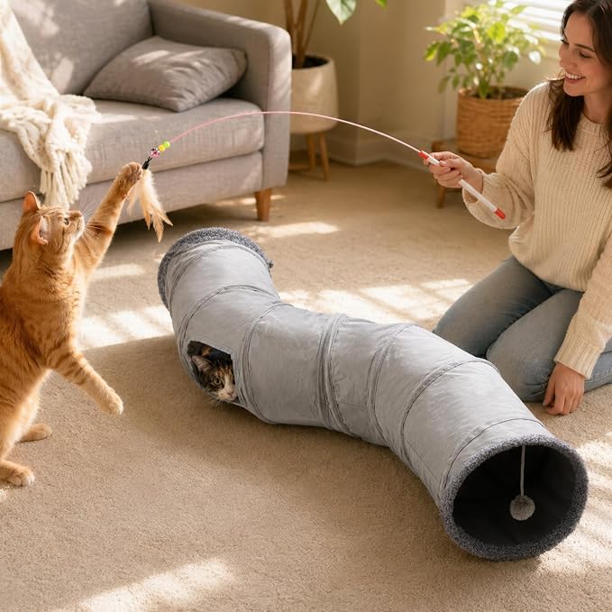 Cat Tunnels for Indoor Cats, 6-in-1 Collapsible Crinkle Play Tunnel | Interactive Roller Track Ball, Cat Enrichment Toy for Kittens Rabbits, Exercise Hide & Seek Tube for Indoor Outdoor Play