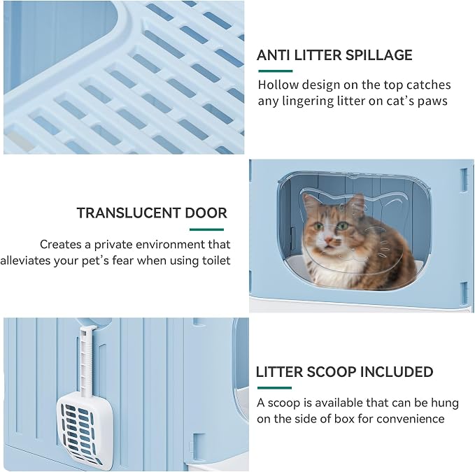 YITAHOME Large Enclosed Cat Litter Box w/Mat Scoop Blue Litter Box with Lid | Anti-Splash Kitty Litter Box with Lid & Pull-out Tray for Odor Control & Easy Cleaning, Front Entry Top Exit, Quick Assembly