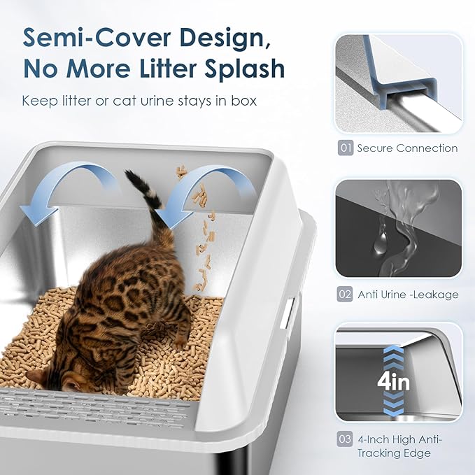 2PK Stainless Steel Litter Box with Lid, High Sided Sifting Litter Boxes for Pine Pellets, 17.3"x13.4"x10.5" Enclosed Metal Litter Box for Small Cats & Multi‑Cat Homes, Anti-Leakage, Easy Cleaning