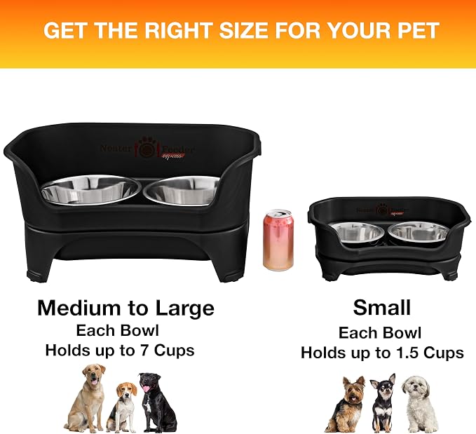 Neater Feeder Express Mess Proof Dog Bowls Elevated for Small Breeds Under 15 Lb, Made in USA, No Spill Raised Dog Food Bowl Stand, Stainless Steel Food and Water Bowl Set, Feeding Station, Black