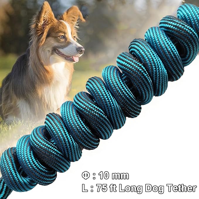 BTINESFUL 8/12/20/30/50/75ft Dog Tie Out Long Tether Rope Dog Lead for Yard | Large Medium Dogs Outdoor Training, Playing, Camping, or Backyard (75ft, Blue Black)