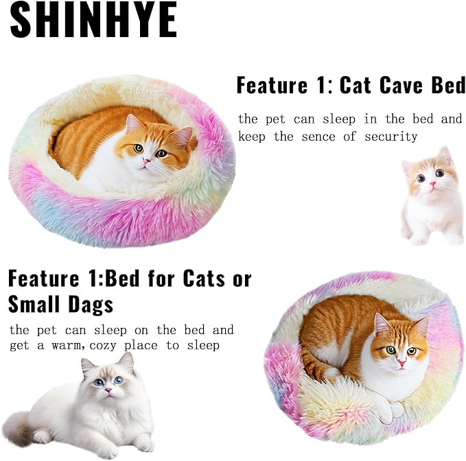 ShinHye Cat Bed Round Plush Fluffy Hooded Cat Bed Cave, Cozy for Indoor Cats or Small Dog beds, Soothing Pet Beds Doughnut Calm Anti-nxiety Dog Bed - Waterproof Bottom Washable (23×23inch, Multicolor)