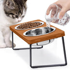 Elevated Cat Food Bowl for Indoor Cat, Brown Raised Water Bowl Set for Pet | Whisker Friendly, Anti Vomit, Feeding Station for Puppy, Stainless Steel, Pet Dish, Easy Assembly, Bamboo, Dishwashers Safe