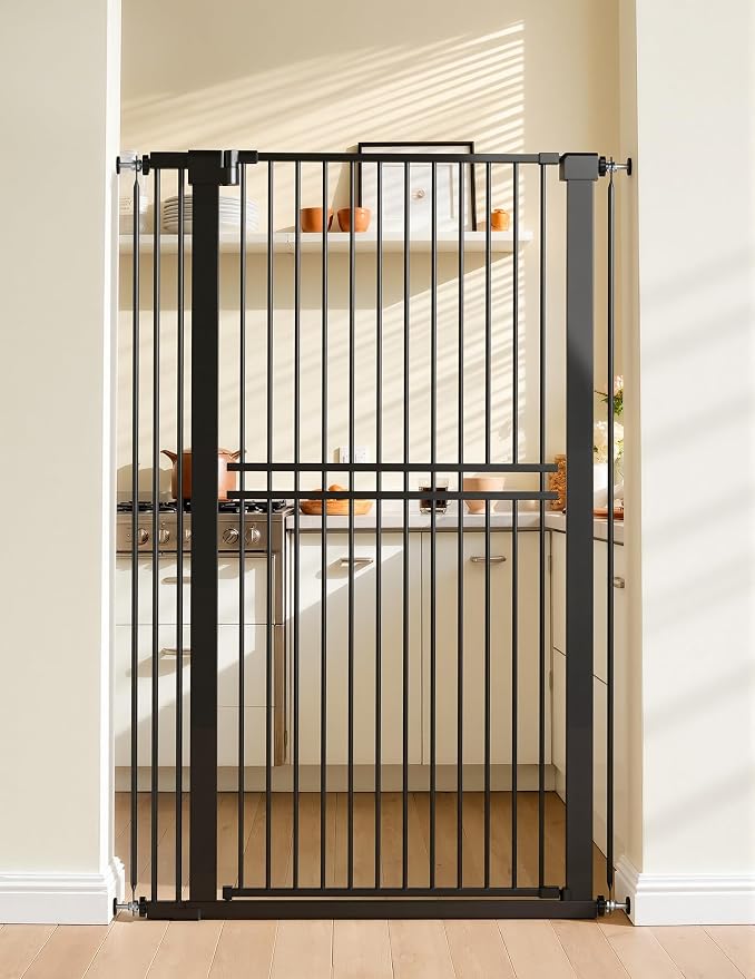 No Pawblems 55" Extra Tall Pet Gate, 31.5"-48" Wide Tall Dog Gate, Black | No Drilling Pressure Mounted, 1.37" Bar Spacing, 25.6" Walk-Thru Opening, Auto Close, One-Hand Operation, Dual Lock Design