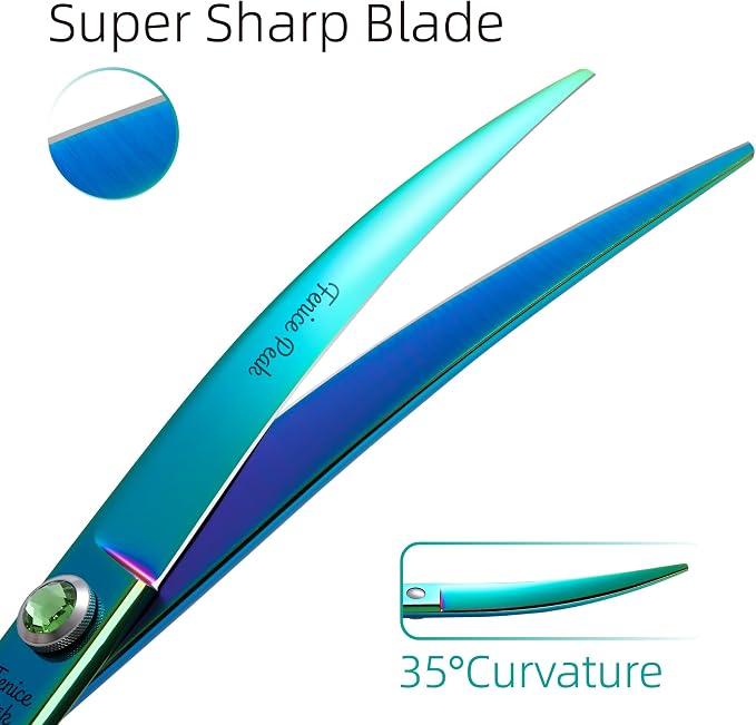 7.5'' Green Curved Dog Grooming Scissors Pet Shears with Ergonomic Offest Handle and Simulated Emerald Screw 440C Grooming Scissors Trimming Shears Durable and Sharp