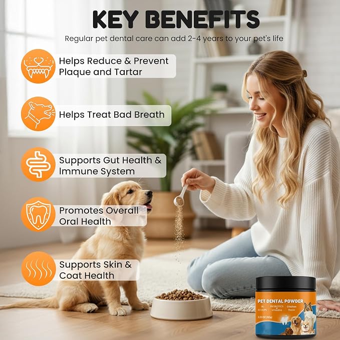 Dog Teeth Cleaning Powder - Plaque & Tartar Control, Breath Fresheners | With Natural Seaweed, Probiotics, Vitamins, Turmeric & Enzymes for All Dogs & Cats (Chicken Flavor, 75 Scoops)