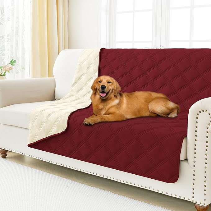 Smiry Waterproof Dog Bed Cover, Reversible Pet Blanket for Sofa Couch | Soft Washable Dog Blanket, Leakproof Couch Cover for Dogs Cats & Furniture Protection, 52x82, Wine Red/Beige