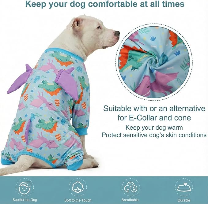 LovinPet Large Dog Pajamas, Four-Leg Stretch Onesie Bodysuit, Lightweight UV-Shielding Pajamas, Anti-Lick Calming Recovery Suit for Surgery, 3D Dino Wing Design with Soft Spikes， Blue Purple， M