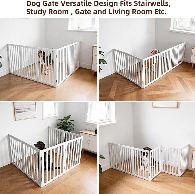 Dog Gate Indoor, Freestanding Dog Fence for The House, Doorways, Hallways,or Stairs,Pet Gate Foldable Wooden,Expandable 32" Height 6 Panels,White