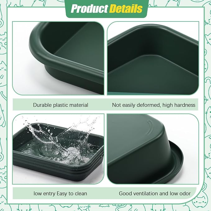 Uiifan 3 Pcs Extra Large Low Entry Cat Litter Box for Senior Kitty Pet Open Top Litter Box for Senior Kitten Handicap Disabled Older Elderly Cats, Easy to Clean(Dark Green,16.9 x 12 x 3.15 Inches)