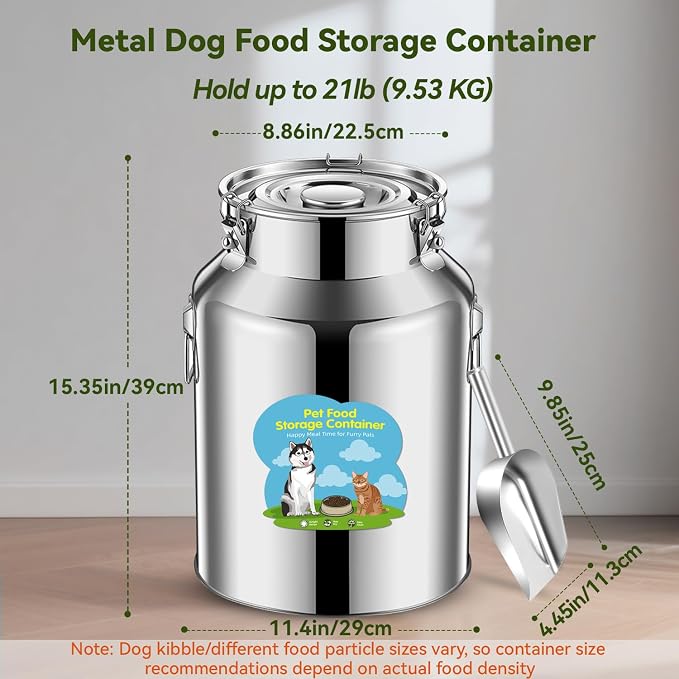 Newget 21lb Stainless Steel Dog Food Storage Container with Scoop | Airtight Seal, Hangable Lid for Easy Access, Scoop Included, for Cat Food, Bird Seed, Rice, Grain, Pantry Storage