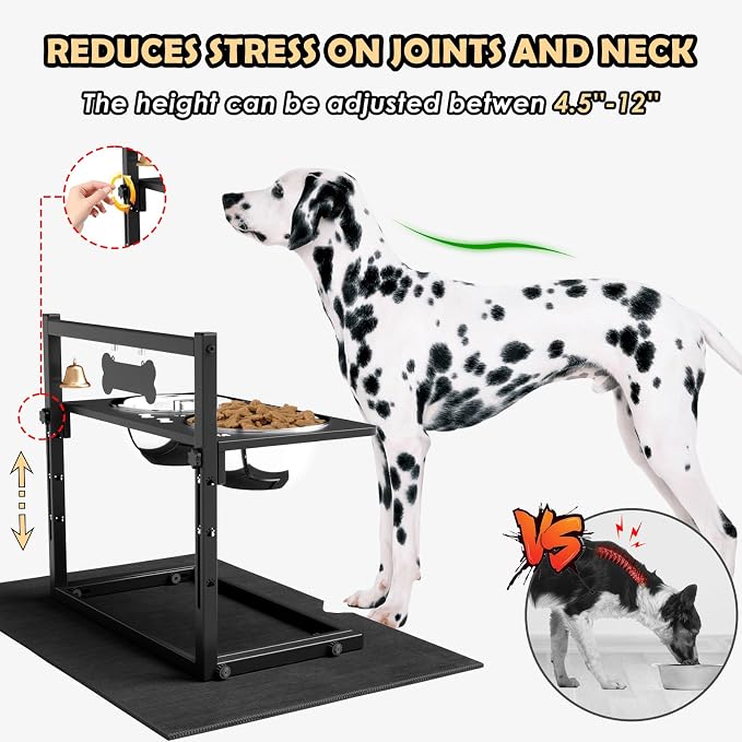 Elevated Dog Bowls with Slow Feeder and Spill Proof Mat, Adjustable Height 4.3-11.8'', Two 1.7L Stainless Steel Food & Water Bowls, Metal Raised Dog Bowl Stand, for Large Medium Breeds