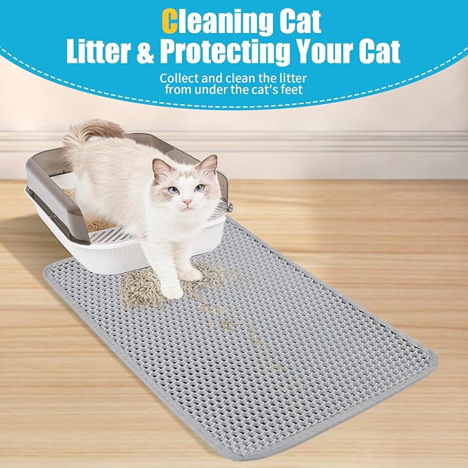 Cat Litter Mat 30"x24", Double Layer Waterproof Litterbox Mat, Gray | Non-slip backing, washable for easy cleanup, traps stray litter with waterproof honeycomb large grid that is urine-proof.