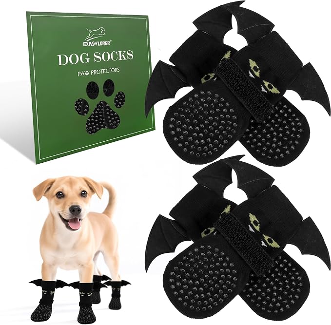 EXPAWLORER Halloween Anti Slip Dog Socks to Prevent Licking Paws, Boots & Paw Protectors with Grippers,Doggie Booties for Hardwood Floors for Small Medium Large Senior Dogs Costume Black Devil Wings S
