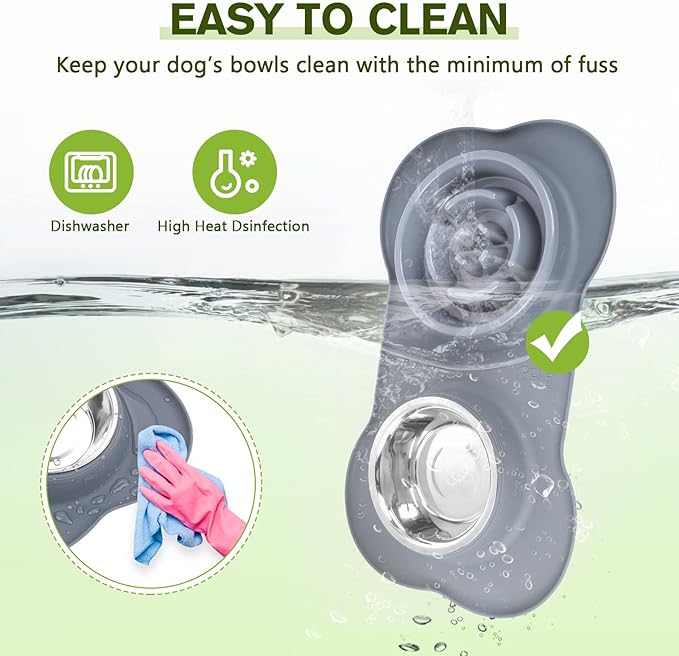 Pecute Slow Feeder Dog Bowls to Slow Down Eating, Dog Slow Feeder Bowl | No-Spill Non-Skid Silicone Mat, Food-Grade Safe Dog Food Bowls Slow Feeder, Stainless Steel Dog Water Bowl for Dogs Cats