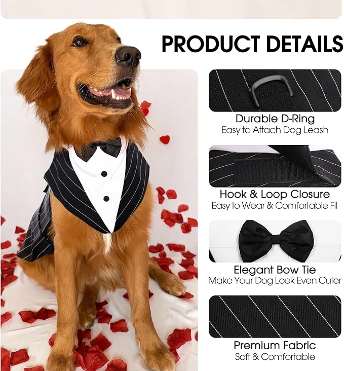 Kuoser Dog Tuxedo, Dog Suit and Bandana Set, Dogs Costume with D-Ring | Formal Dog Outfit with Detachable Bowtie Collar for Wedding, Birthday, Party, Christmas, Halloween, Black Strips M