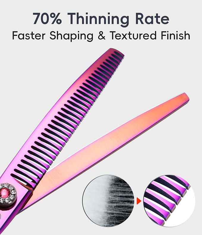Professional Dog Grooming Scissors Pet Curved Chunker Shears 7.0'' Extremely Sharp Blades 440C Steel Thinning Scissors Durable Smooth Motion & Fine Cut for Dogs and Cats(Black)