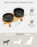 Ceramic Slow Feeder and Water Bowl Set for Small Dogs, 0.6 Cups Dog Slow Feeder(14oz) and 30oz Water Bowl Set, 6in, Black