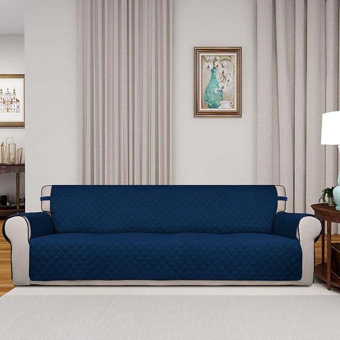 PureFit Reversible Quilted Couch Covers for Dogs Sofa Cover 4 Seater 88" | Navy/Navy, Water Resistant Couch Protector, Washable Pet Couch Cover with Non Slip and Elastic Straps For Kids