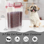 LEAWALK 5-7Lbs/6Qt Dog Cat Storage Container Portable with Upgraded Large Spout and Cup, Plastic Pet Food Dispenser for Small Animal Kibble, Bird Seed, Oatmeal, Rice, Flour, Brown Sugart- Clear pink