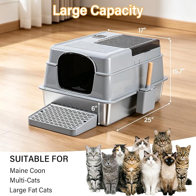 XXXL Stainless Steel Litter Box for Big Cats, Jumbo Metal Litter Box | 14" High Sides, Adult Cats，Multiple Cats,Extra Large Cat Litter box With Lid/Cover, Never Absorbs Odors, 28"x20"x14"
