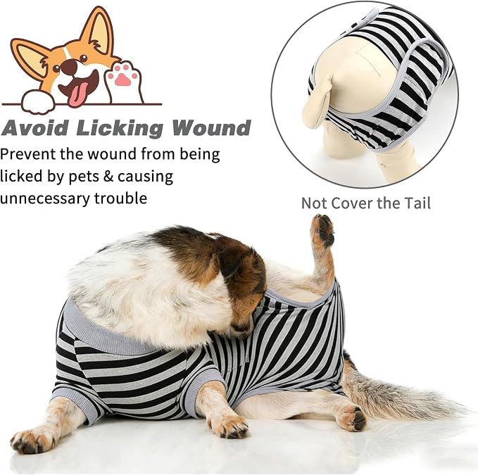 2 Packs Breathable Cotton Dog Recovery Suit for After Neuter Spay Abdominal Wounds Protector, Professional Anti-Licking Onesies for Male Female Pets Surgery Bandages, M Striped Black Grey