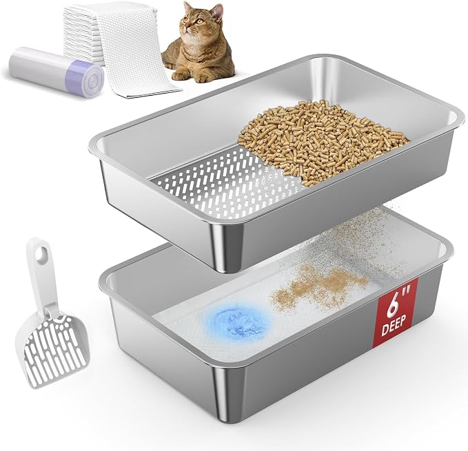 SuzziPaws XL Stainless Steel Sifting Litter Box for Pine Pellets Multi-Cats | 23.6" x 15.7" x 6" Open Top Sifting Litter Box with Pee Pads and Liners for Odor Control with Easy-Clean Tray