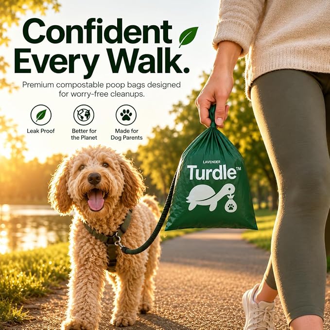Turdle Compostable Dog Poop Bags Rolls, Lavender Scented, 270 Count | Extra thick, leak proof doggy poop bags & pet waste bags. No added PFAS, plant-based. Compostable dog waste bags. 15/roll.