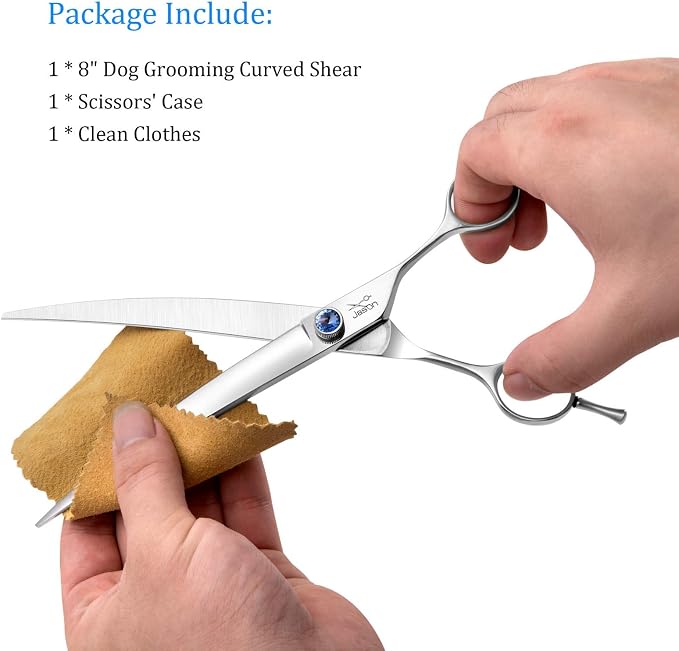 JASON Curved Dog Grooming Scissors - 8" Cats Trimming Shears Right Handed | Ergonomic Pets Shear with Offset Handle and a Jewelled Screw for Right Handed Groomers Long Sharp Comfortable, Gift