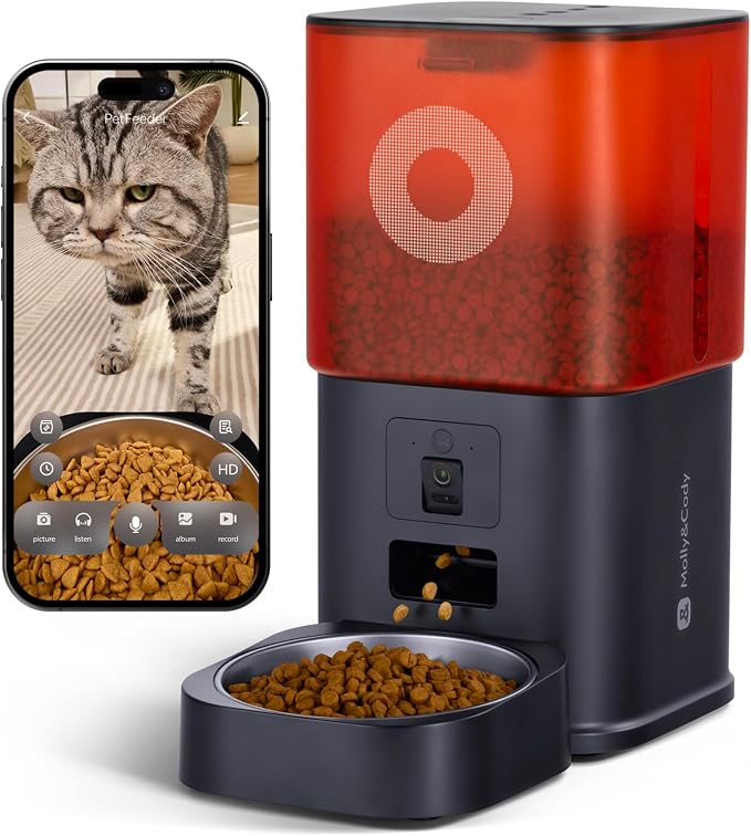 Automatic Cat Feeder with Camera: 6L Automatic Dog Feeder with 2-Way Audio Night Vision Dual Power Supply App Control 2.4G WiFi, Timed Auto Cat Food Dispenser with Stainless Steel Bowl(Black)