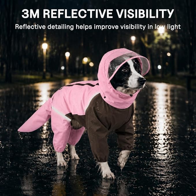 Full-Body Dog Raincoat with Detachable Hood, Waterproof Reflective Dog Rain Jacket with Tail Cover, Adjustable Fit and Leash Portal for Rainy Walks, Cherry Blossom Pink, Large