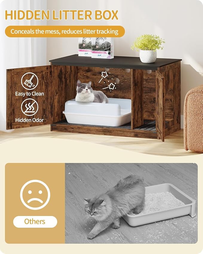 Hzuaneri Cat Litter Box Enclosure, Hidden Litter Box Furniture with Divider | Wooden Cat Cabinet with Removable Dividers, Reversible Entrance Left or Right Side, Cat Washroom, Rustic Brown Black CB84701X