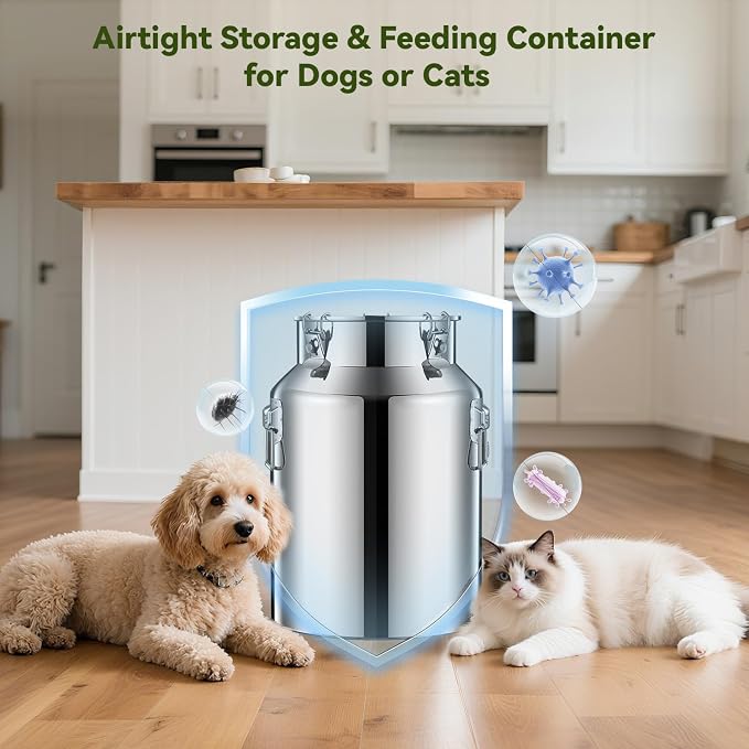 Newget 21lb Stainless Steel Dog Food Storage Container with Scoop | Airtight Seal, Hangable Lid for Easy Access, Scoop Included, for Cat Food, Bird Seed, Rice, Grain, Pantry Storage
