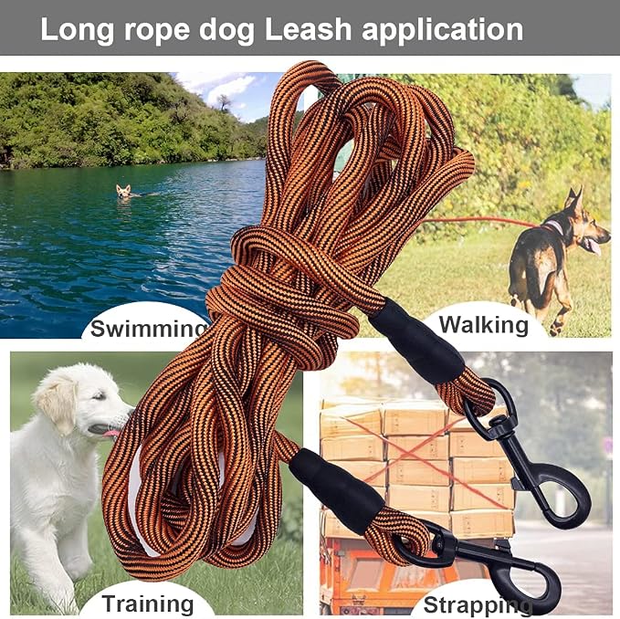 BTINESFUL Dog Tie Out Long Tether Rope Dog Lead for Yard 8/12/20/30/50/75ft | Check Cord Training Dog Line for Large Medium Small Dogs Outdoor Playing, Camping, or Backyard (12ft, Orange Black)