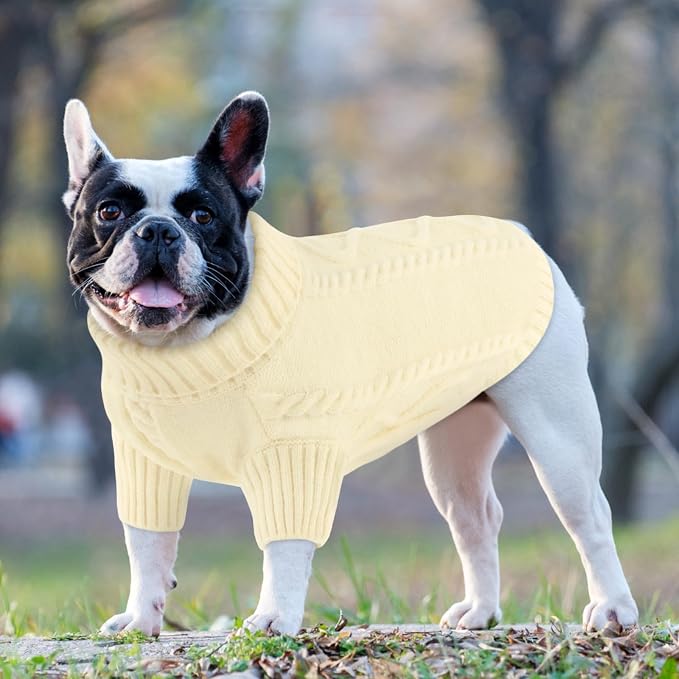 Queenmore Small Dog Pullover Sweater, Cold Weather Cable Knitwear, Classic Turtleneck Thick Warm Clothes for Chihuahua, Bulldog, Dachshund, Pug (White, X-Large)