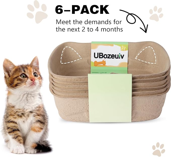 Small Disposable Litter Box 6-Pack for Kittens Travel Portable | 6-Pack, 14.2"×10.8"×4.0", Cat Ear Design, Cardboard, Leak-Proof, Home/Car/Travel