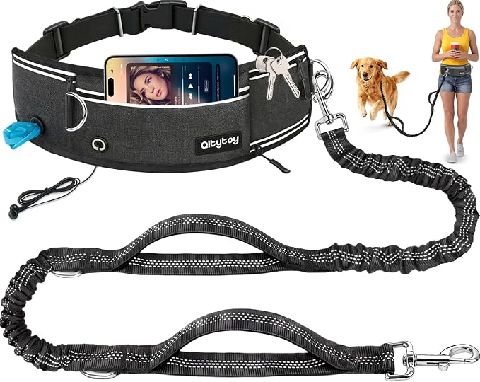 Hands Free Dog Leash, 240LB Heavy Duty Retractable with Partitioned Pouch Adjustable Waist Belt for Walking Running Jogging Hiking Biking Training for Medium/Large 25-120LBS Dog(Not for＜25LBS)