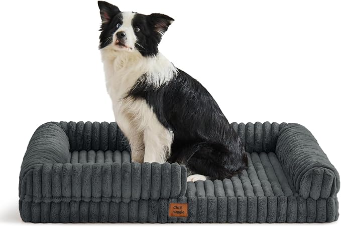 ChiXnuggle Faux Fur Orthopedic Dog Bolster Bed, Waterproof Washable Cover | rectangular dog sofa couch,egg crate foam,non-slip bottom,for extra large dogs,dark grey,41*30*7