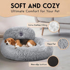 PetJett Calming Dog Bed Medium Size Dog - 30'' Donut Bed, Washable Dog Bed - Anti-Slip Super Soft Fluffy Plush Round Bed, Anti-Anxiety Premium Comfort Pet Bed, Fits Dogs up to 45 lbs - Bright Grey