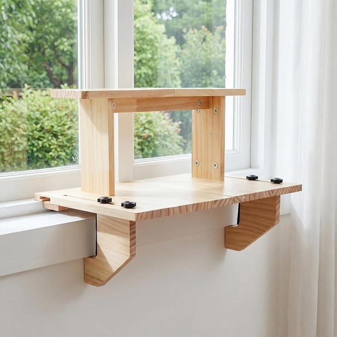 Double-layer Window Sill Extender Plant Shelf, 20+21 Inch Detachable Adjustable Window Sill Extender Shelf Stand for Plants Cat Perch, Renter Friendly No Drilling/Damage (Natural Wood Color)