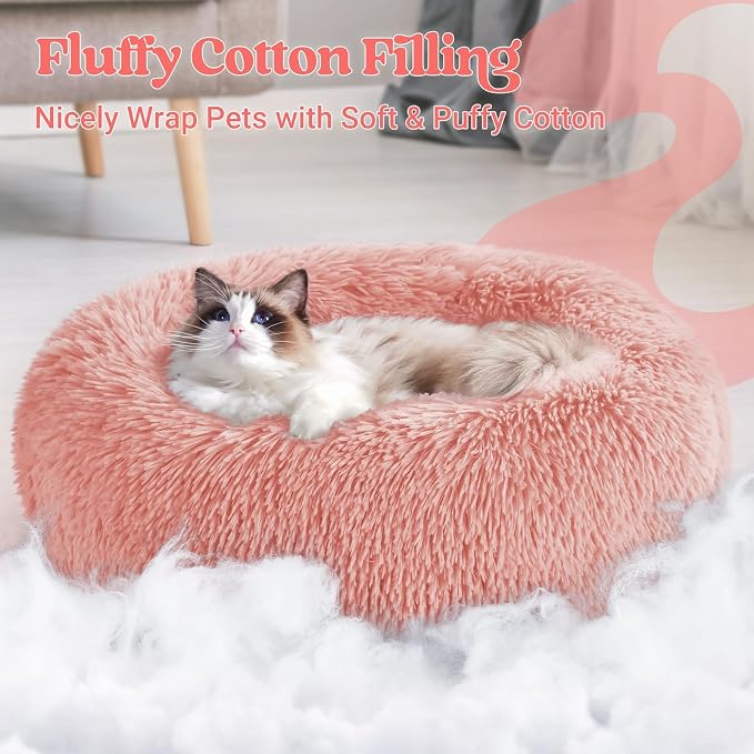 rabbitgoo Calming Cat Beds for Indoor Cats, 20 inches, Pink | Soft Warm Donut, Fluffy Faux Fur, Supportive Raised Rim, Anti-slip, Machine Washable, Up to 15lbs Kittens & Small Cats