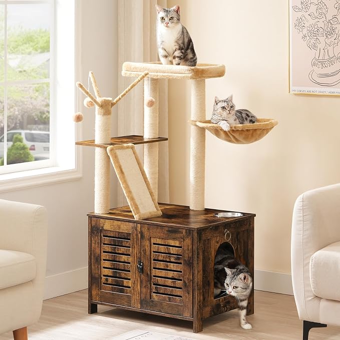 HOOBRO Cat Tree with Litter Box Enclosure, 44" Tall Wooden Cat Tower with Scratching Posts, Cat Hammock, Hidden Litter Box Furniture, All-in-One Indoor Cat Condo, Rustic Brown FG48MZ03