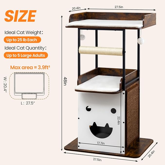 48in Wood Modern Cat Tree for Large Indoor Cats with Big Perch Bed | Multi-Level Climbing Design, Cat Cando, Sisal Scratching Posts and Board, Removable Washable Pads, Stable Rustic Brown
