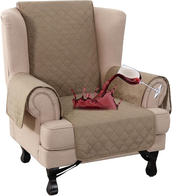Turquoize 100% Waterproof Wing Chair Cover Wing Armchair Slipcovers Chair Couch Protector Triple Non-Slip Sofa Slipcover Furniture Protector for Pets, Kids,Dog (Wing Chair, Taupe)