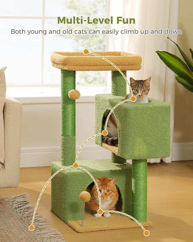 Small Cat Tree for Kittens, 32 in Cat Tower with 2 Cozy Condos | Multi-Level Cat Tree with Scratching Posts, Soft Padded Perch, 2 Dangling Toys