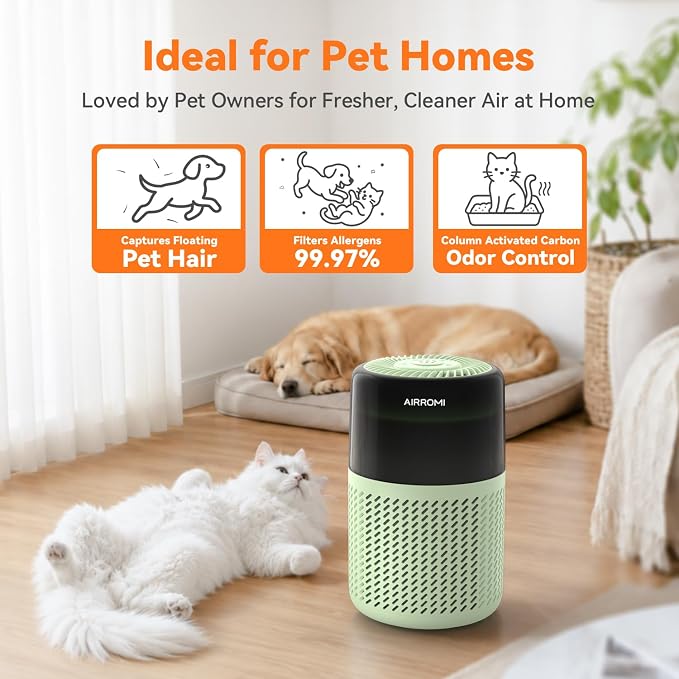 AIRROMI HEPA Air Purifier for Bedroom&Home,Pet Air Purifier for Home Pets,Removes Pet Odor,Cat Litter Smell,Dust,Smoke&Allergies,Quiet Room Air Purifier with Scents,360°Air Cleaner,A2005 Green