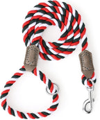 Mile High Life Rainbow Dog Leash Braided Cotton Rope w Leather-Wrapped Ends | Rust-proof 360° swivel clasp, Heavy-duty for medium/large breeds. Great for weddings, daily walks (5FT, 1/2", Red/Green)